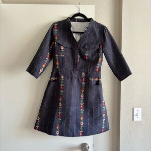 Boutique Navy Blue Flower-patterned suede Dress